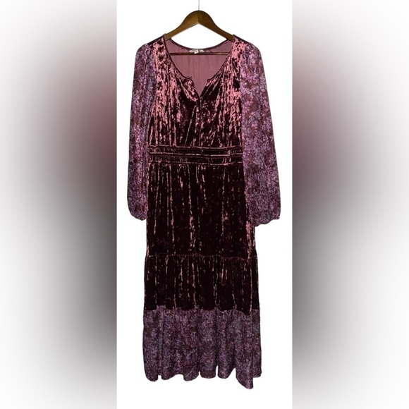 NWT-Lovely Boho Burgundy Floral Velvet Dress By Frye‎ and Co. Midi Flounce Large - Picture 1 of 11